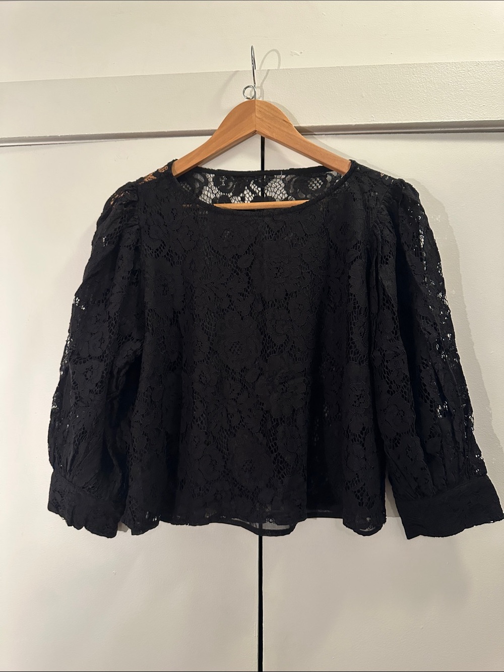 Zara Black Lace Puff-Sleeve Blouse - Women's Top